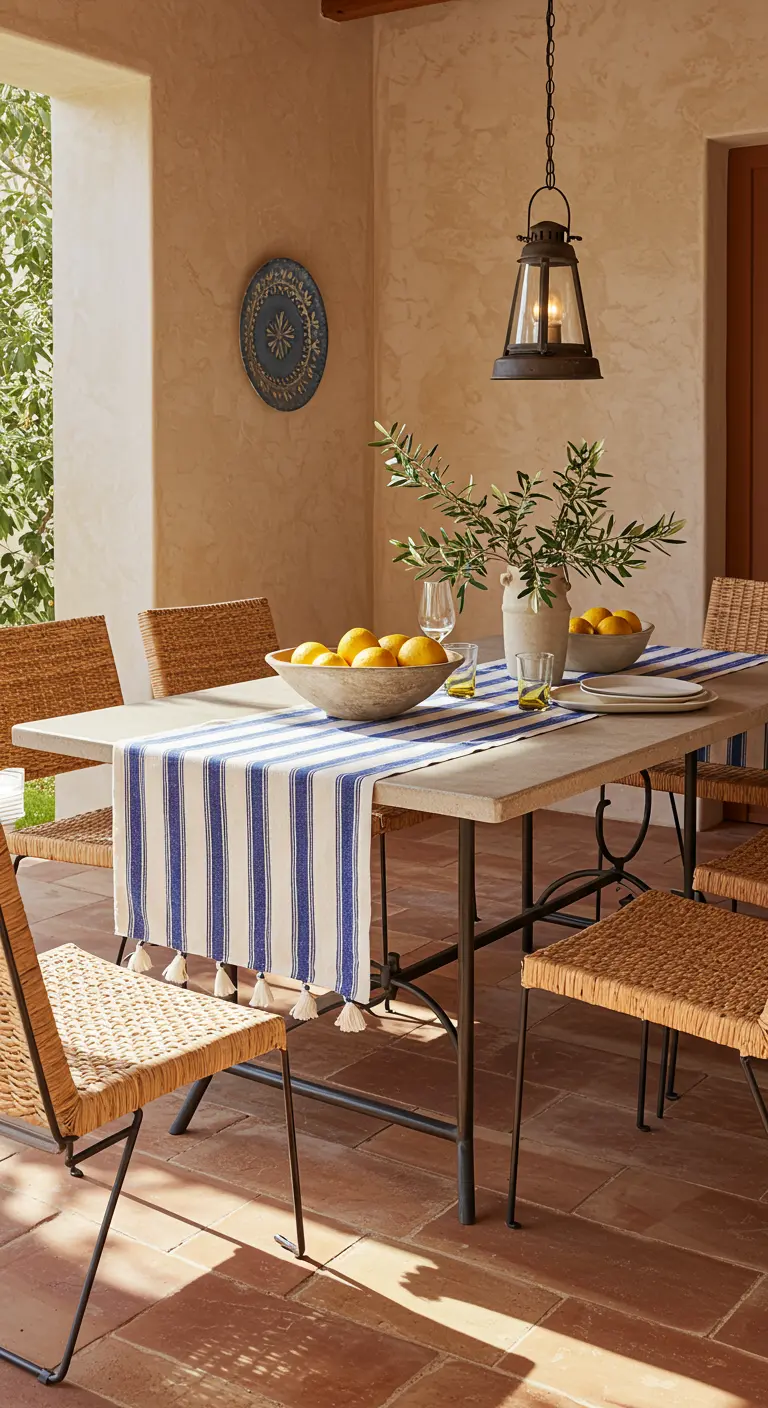 Chemin de table rayé bleu et blanc avec des citrons et des branches d'olivier sur une table de patio.