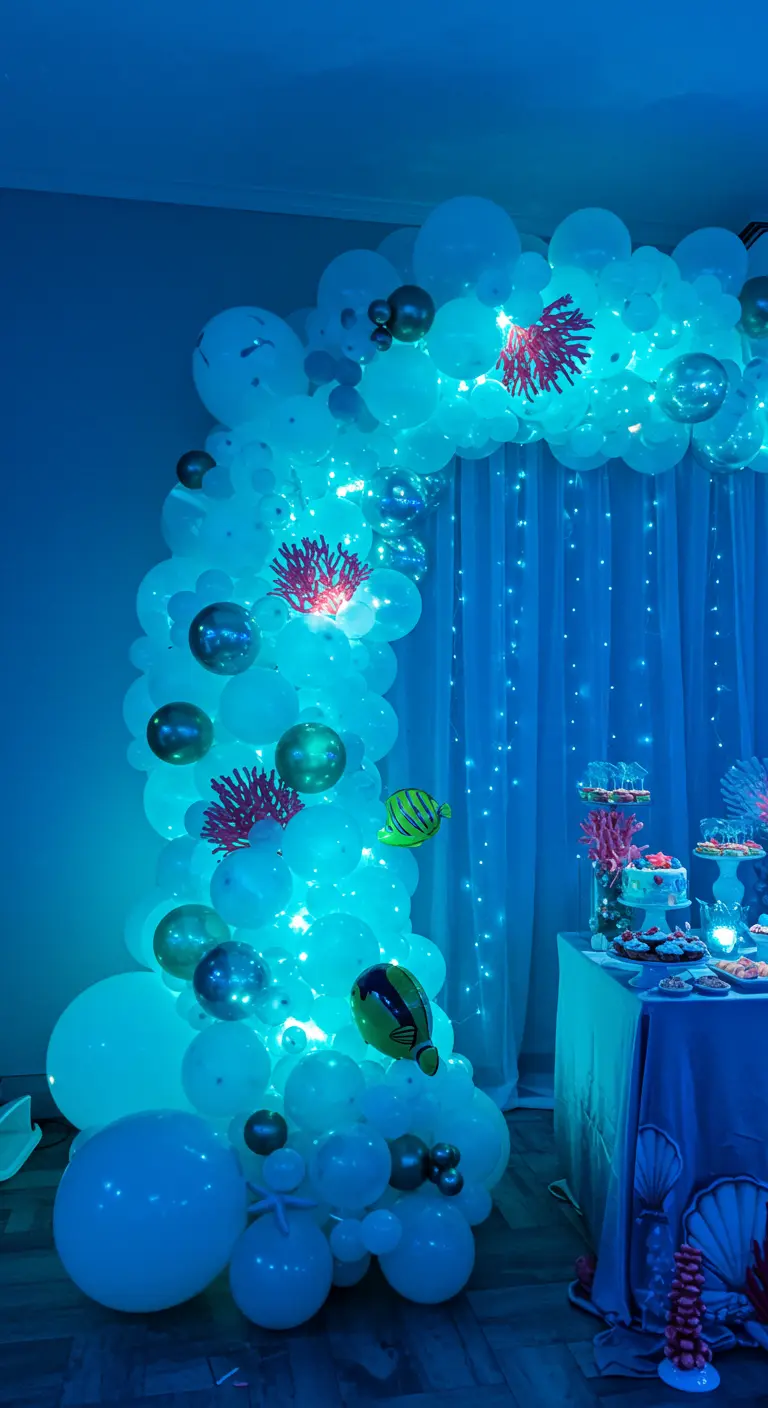 Arche de ballons blancs éclairée en bleu pour un thème sous-marin.