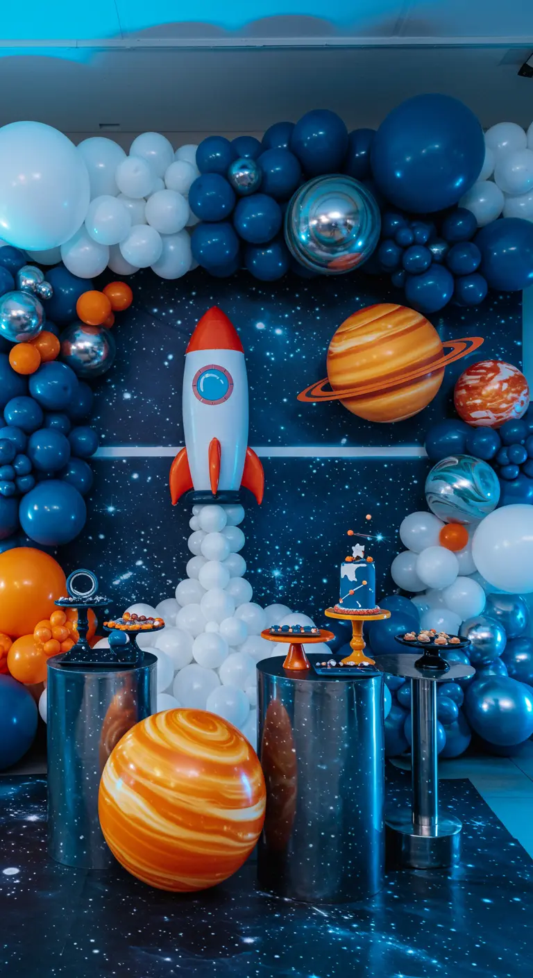 Scène spatiale avec mur de ballons, planètes et fusée.