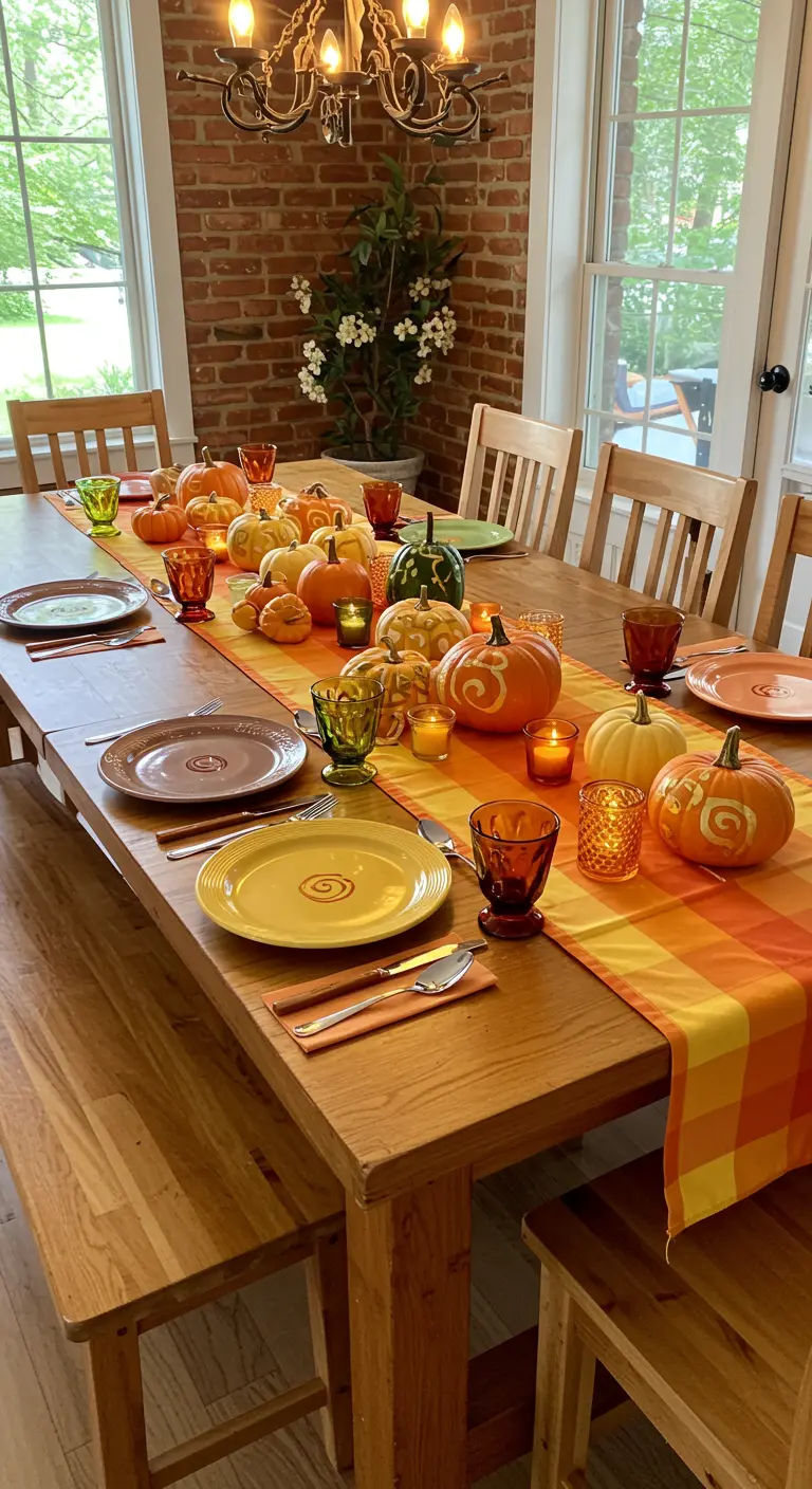Une longue table en bois avec un chemin de table orange dégradé, des citrouilles peintes et des verres colorés.