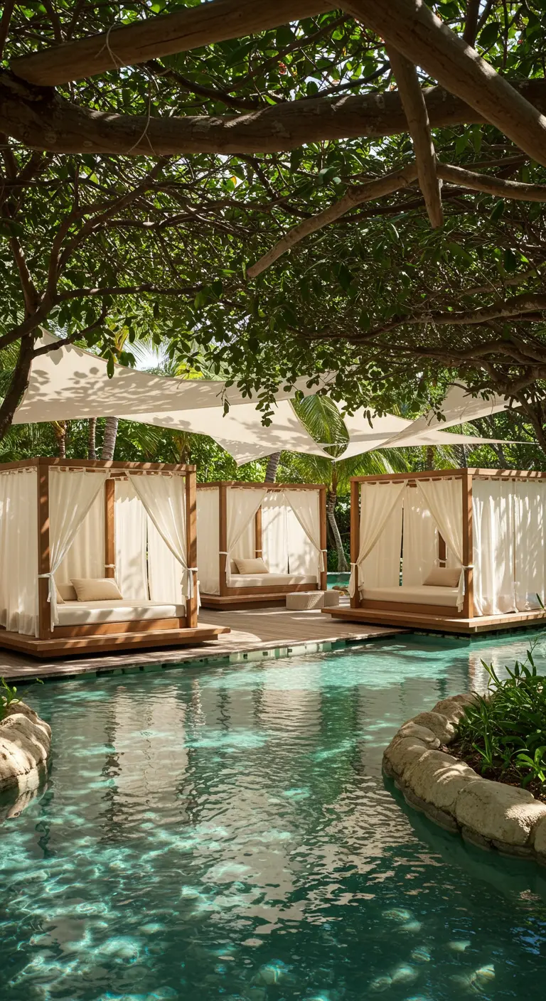 Lits de jour à baldaquin en bois avec rideaux blancs, installés près d'une piscine ombragée par des arbres.