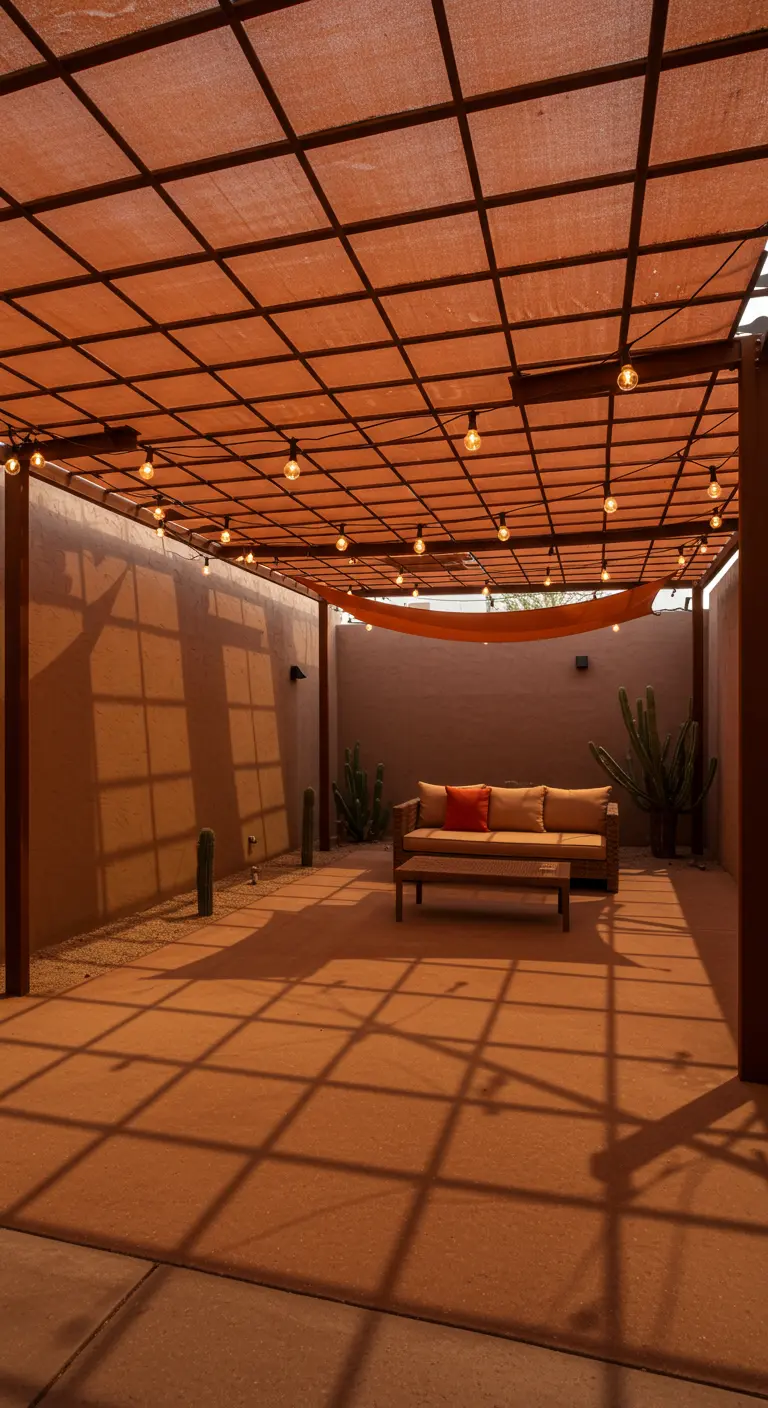 Patio de style désertique avec une pergola créant des ombres graphiques au sol.