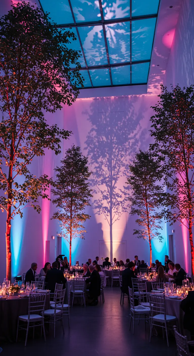 Salle de réception avec des murs éclairés en rose et bleu, projetant les ombres des arbres.