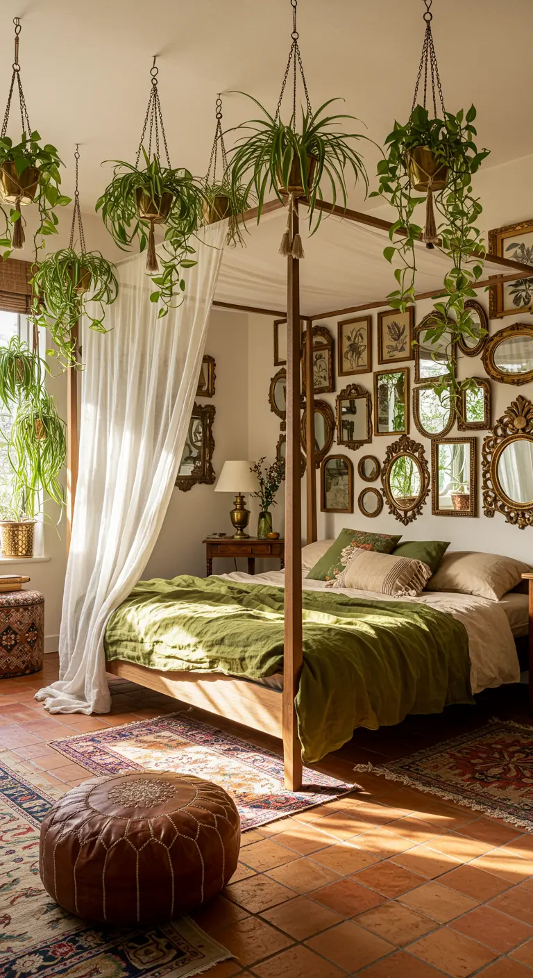 Chambre bohème avec lit à baldaquin, mur de miroirs vintage et de nombreuses plantes suspendues.