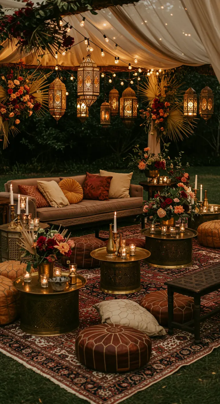 Salon bohème oriental sous tente avec lanternes marocaines, canapé, poufs, tapis et bougies.