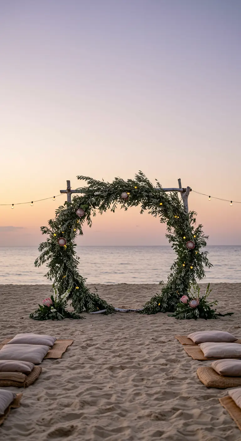 Arche circulaire en bois flotté, feuillage vert, et lumières féeriques sur une plage au coucher du soleil.