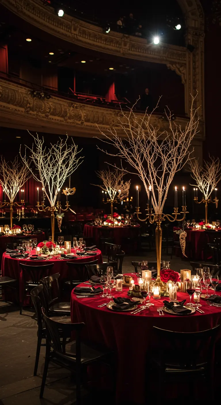 Tables de mariage dans un théâtre avec des nappes rouges, des candélabres dorés et des branches.