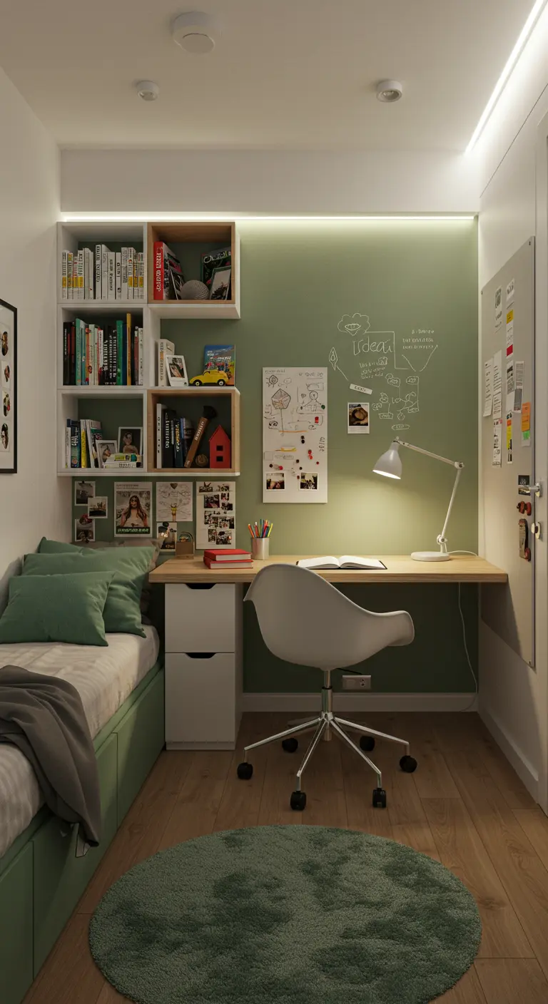 Petite chambre d'ado avec lit intégré, bureau, étagères cubiques et mur vert apaisant.