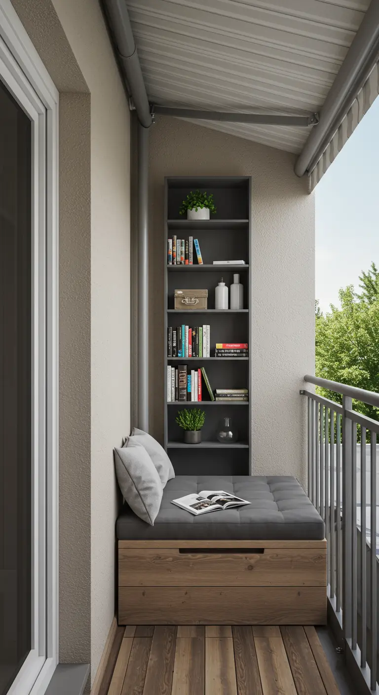Banquette avec rangement et bibliothèque verticale sur un balcon étroit.