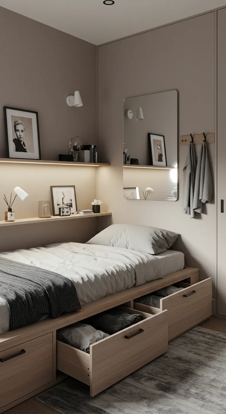 Petite chambre avec lit-dressing et tiroirs intégrés, étagères lumineuses et miroir mural.