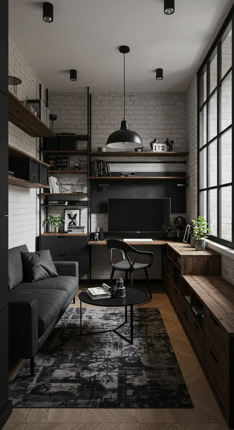 Salon/bureau étroit avec mur de briques blanches, canapé gris foncé, étagères bois et métal, grand luminaire.