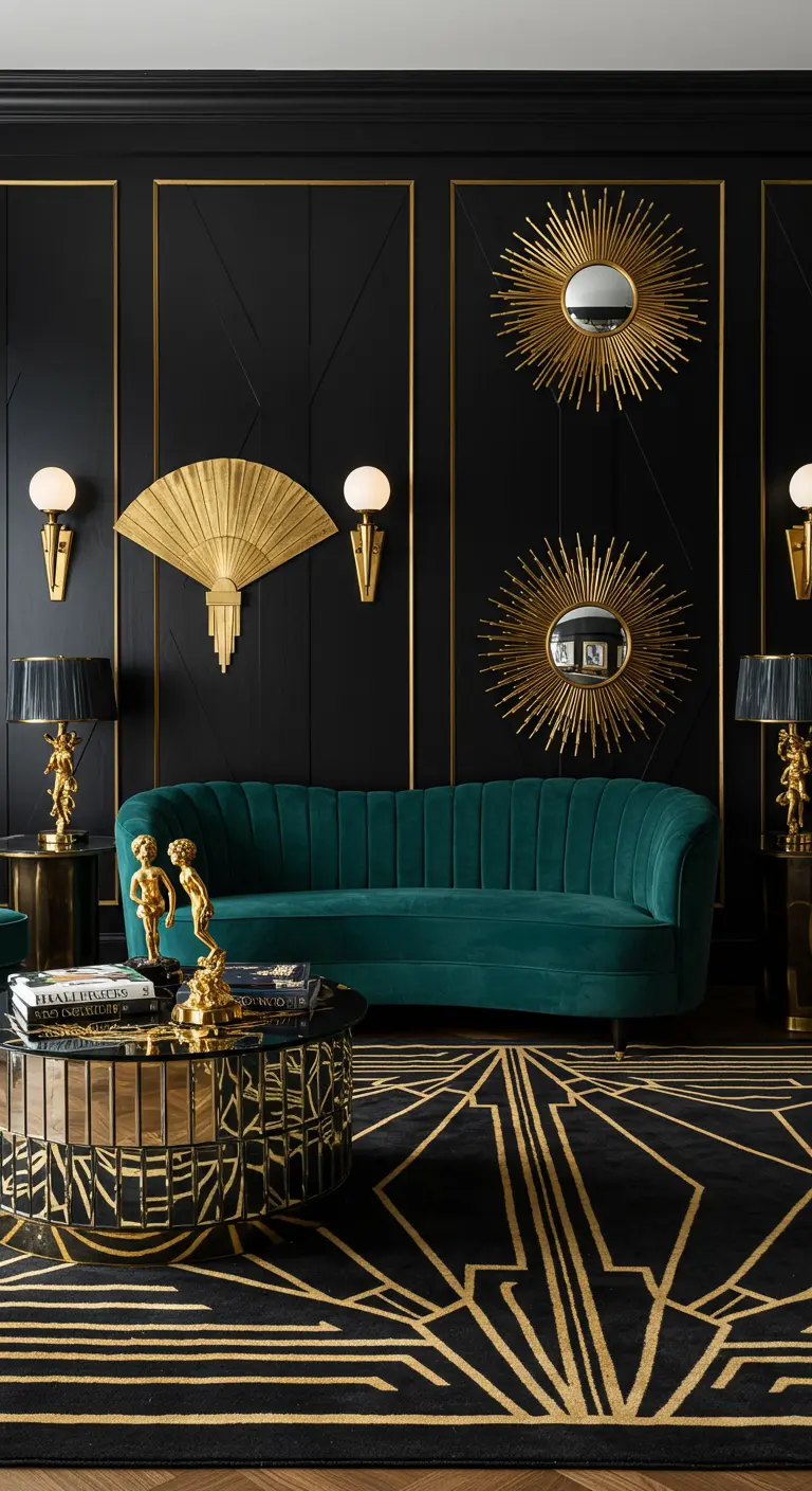 Salon Art Déco avec canapé en velours paon, murs noirs et dorés, miroirs soleil et tapis géométrique noir et or.