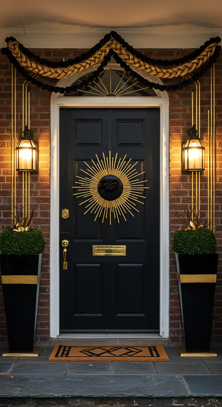 Porte noire avec couronne en soleil doré et accents Art Déco.