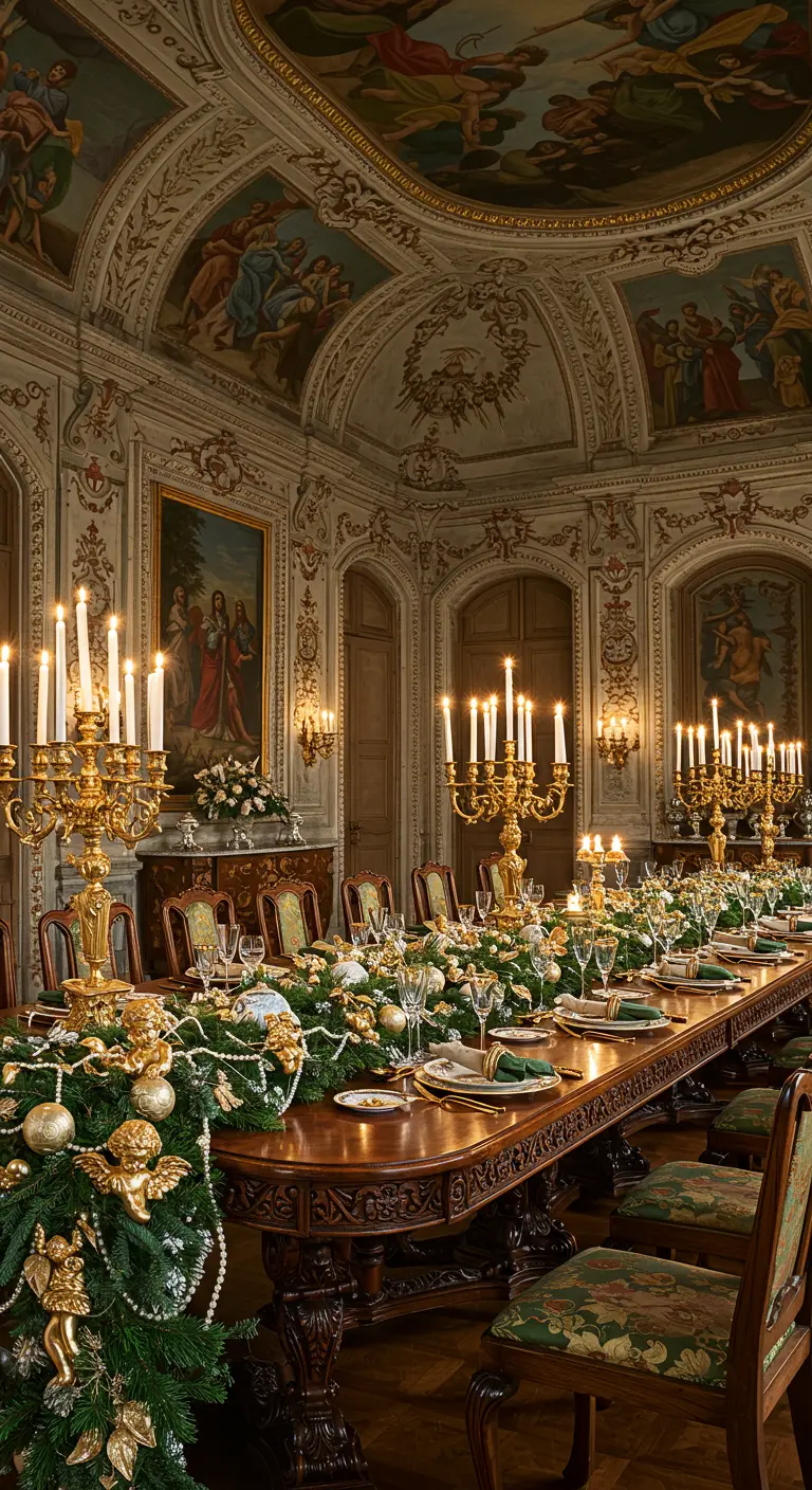Table baroque avec chemin de table sapin, perles, anges dorés et chandeliers majestueux.