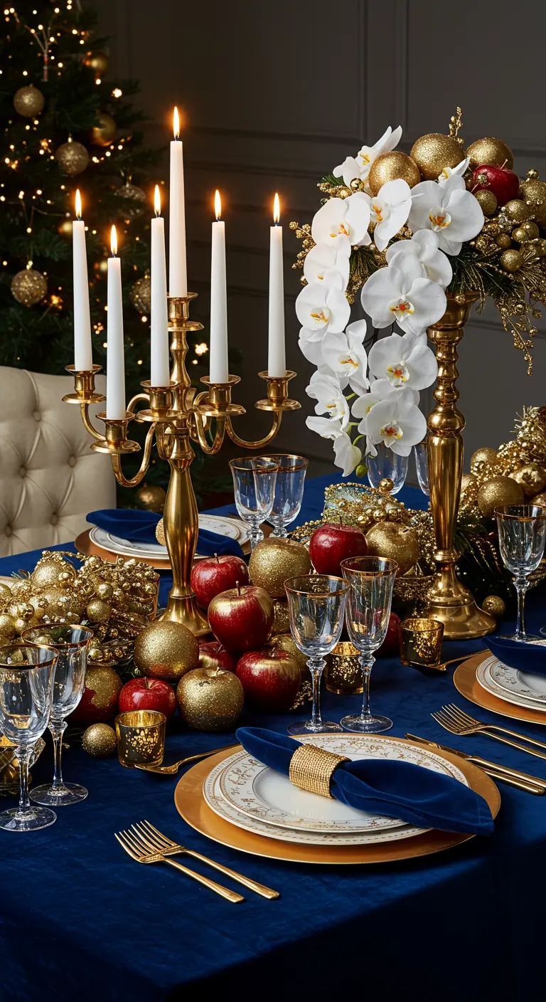 Table avec nappe bleue, candélabre doré, boules de Noël dorées et rouges, pommes et orchidées blanches.