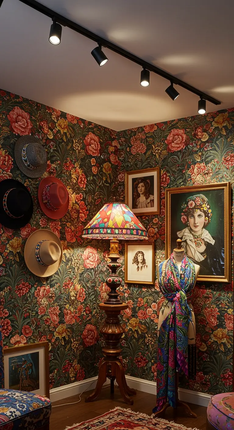 Chambre maximaliste avec papier peint floral et une grande lampe Tiffany.
