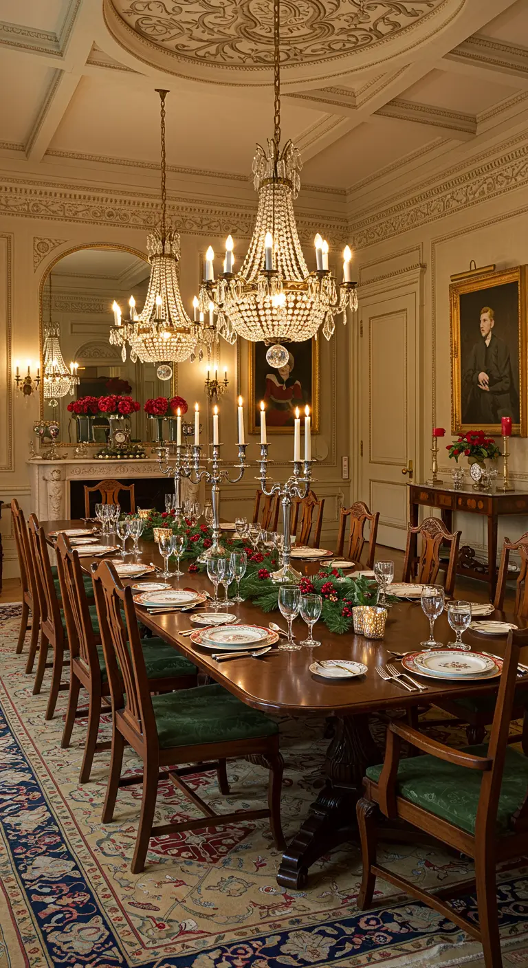 Longue table de salle à manger classique avec chandeliers, guirlande de sapin et baies rouges.