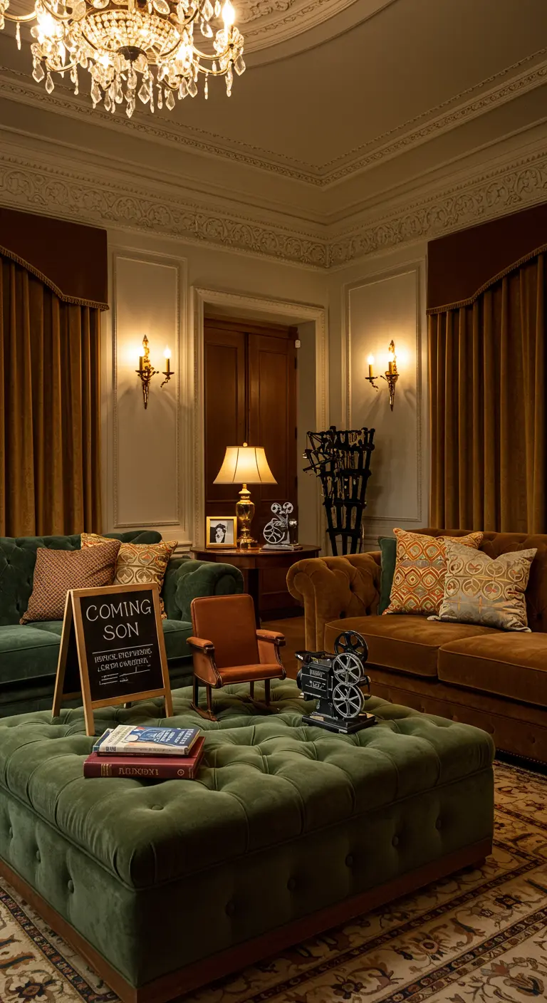 Salon classique avec canapés en velours vert, pouf capitonné et bobine de film.