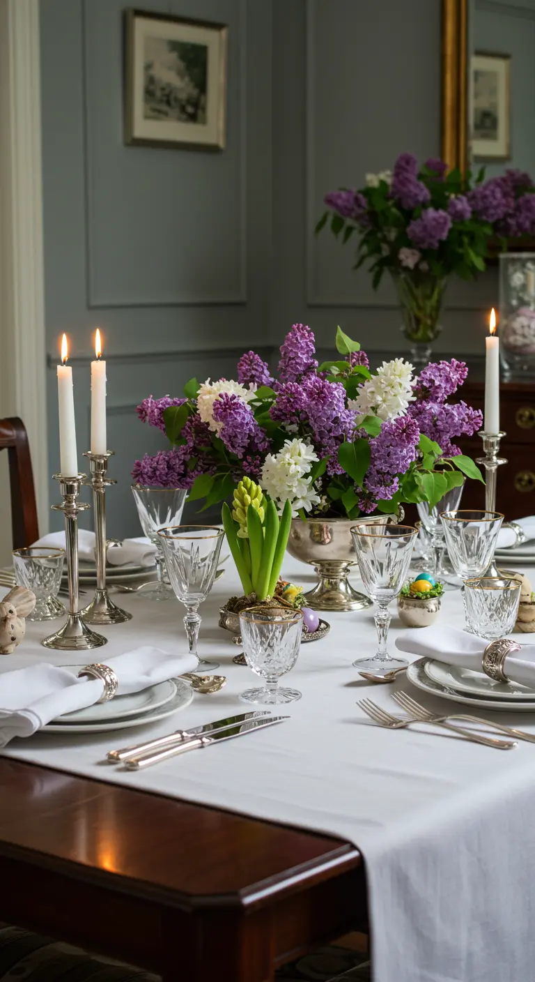 Table de Pâques formelle avec un bouquet de lilas dans une coupe en argent et des chandeliers.