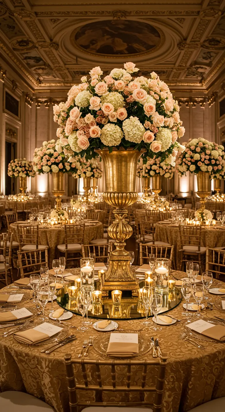 Décor de table luxueux avec une urne dorée géante remplie de roses et une nappe en brocart.
