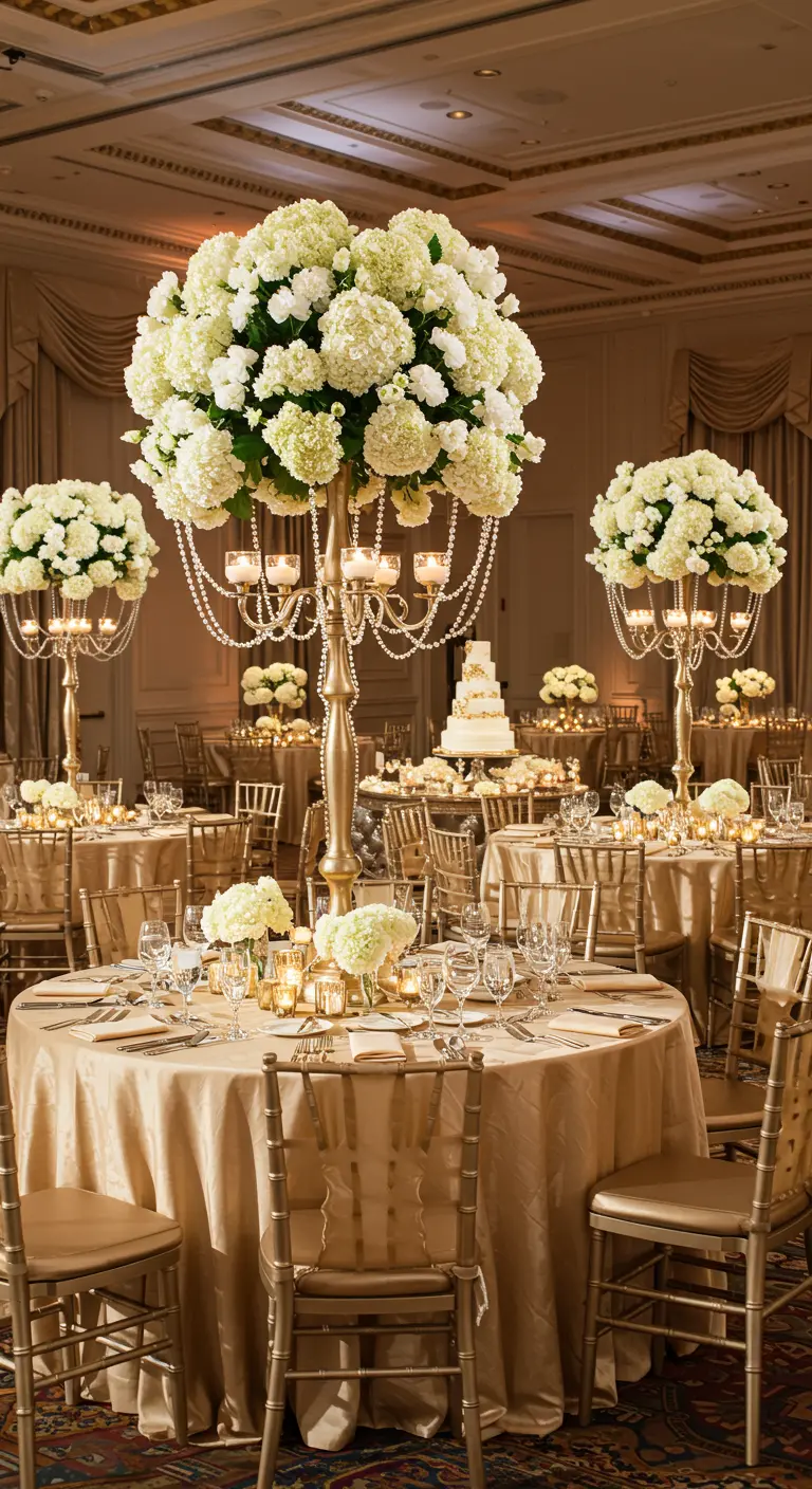 Salles de réception avec tables rondes drapées d'or, hauts centres de table en hortensias blancs.