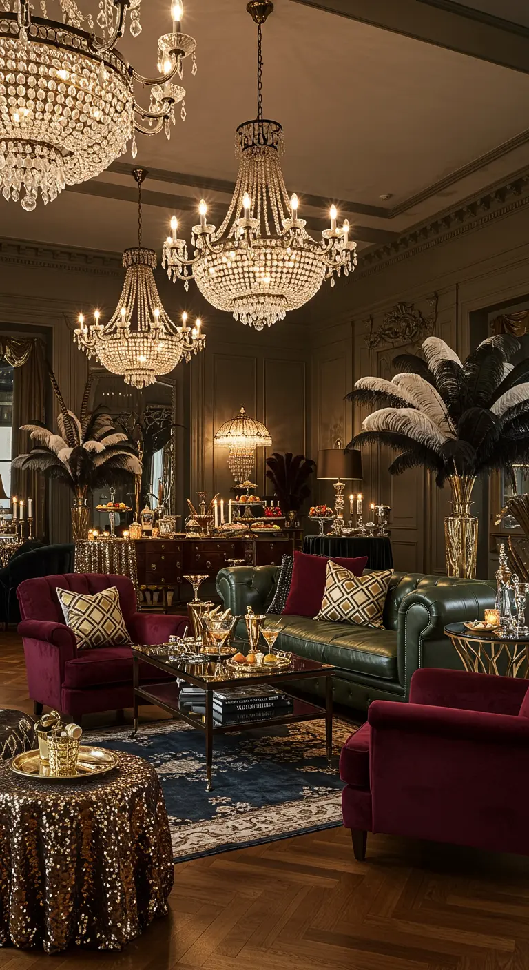 Un salon opulent dans le style Gatsby avec des canapés en velours, de grands lustres, des plumes et des bougeoirs dorés.
