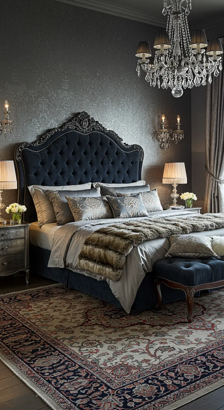 Chambre baroque opulente avec lit capitonné bleu, lustre en cristal et tapis persan.