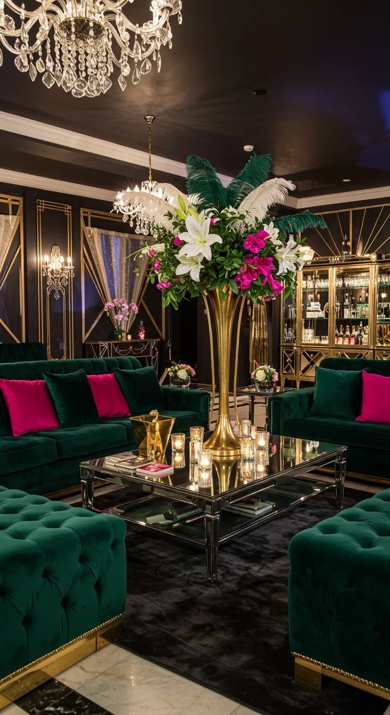 Grand vase doré avec des lys, des feuilles tropicales et des plumes colorées, sur une table basse glamour.
