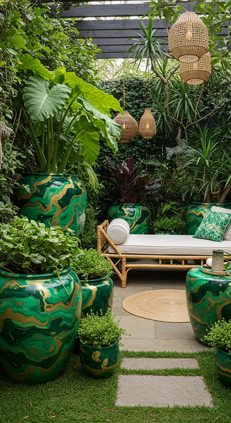 Grandes jardinières vertes et or à effet marbré dans un jardin luxuriant.