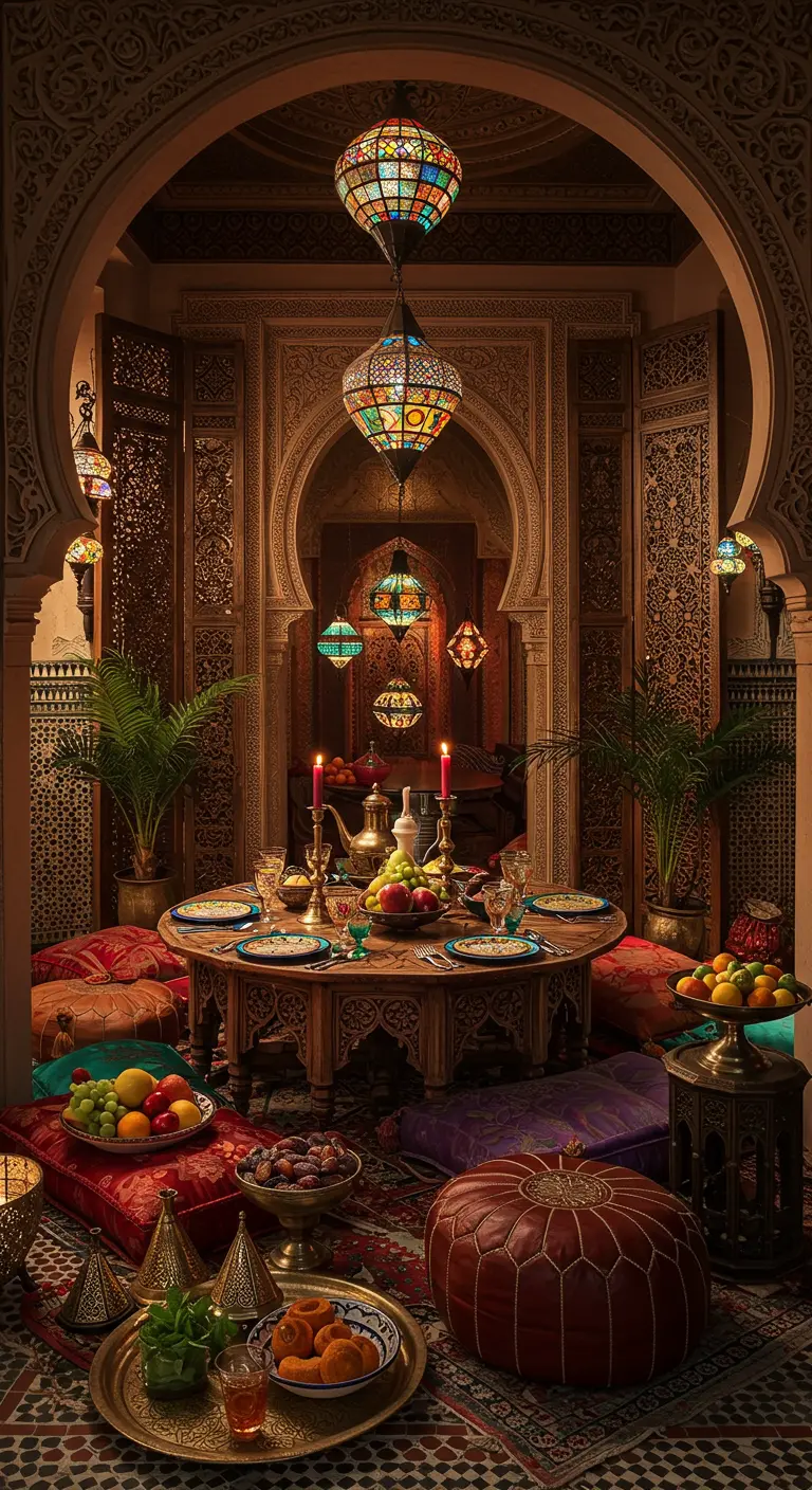 Salle à manger marocaine avec table basse, coussins de sol et lanternes suspendues.