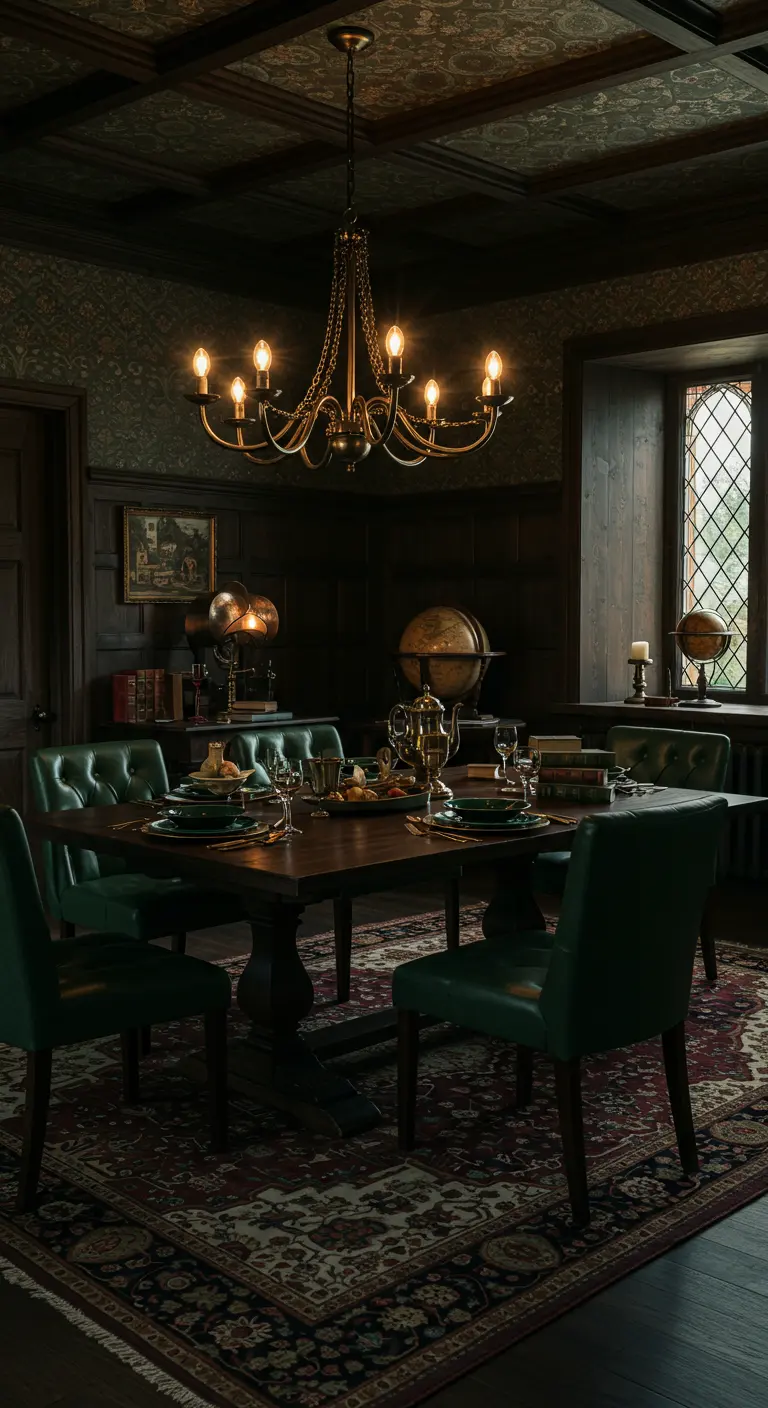 Salle à manger opulente avec boiseries sombres, chaises en cuir vert foncé et vaisselle assortie.