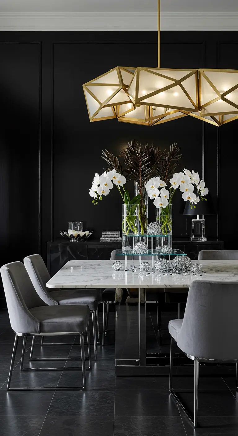 Salle à manger luxueuse avec des murs noirs, une table en marbre et un centre de table d'orchidées blanches et de sphères argentées.