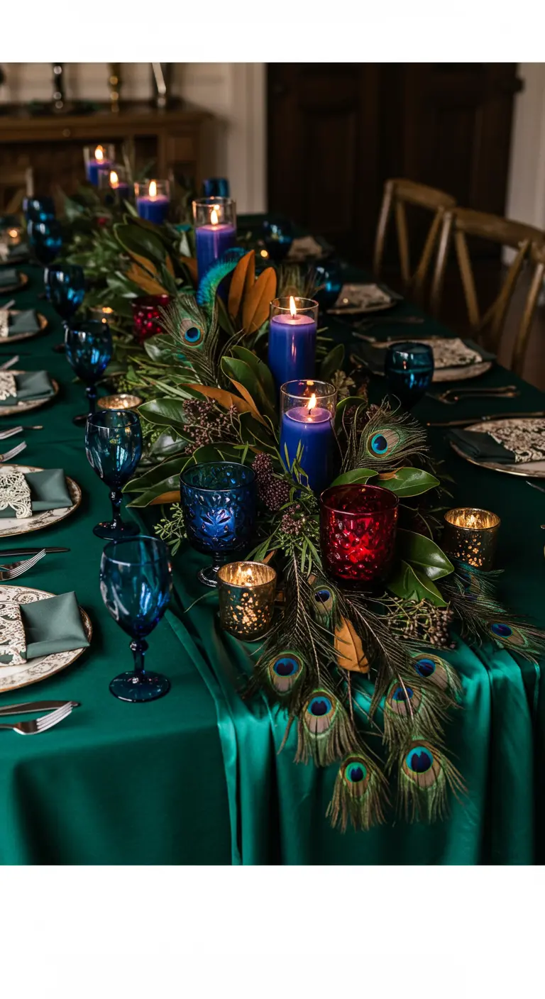 Table opulente avec nappe verte, plumes de paon et photophores colorés.