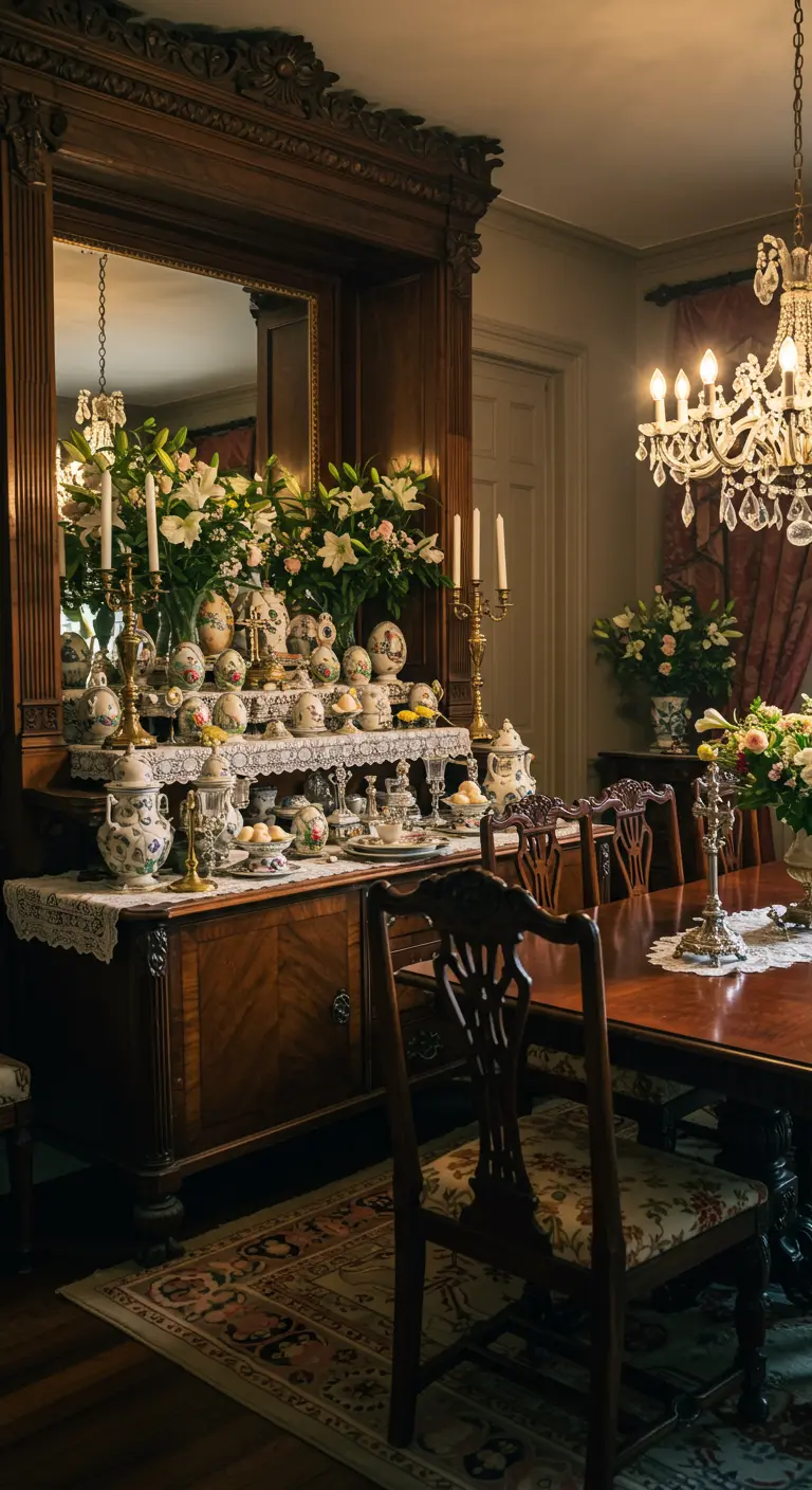 Grand buffet ancien décoré pour Pâques avec vaisselle délicate, fleurs et figurines.