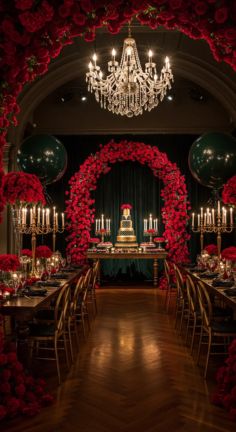 Salle opulente avec arche de roses rouges, grand chandelier et bougies, tables décorées.