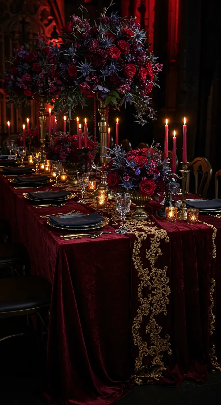 Table somptueuse avec nappe en velours rouge, bougeoirs dorés, bougies rouges et centres de table floraux rouges et noirs.