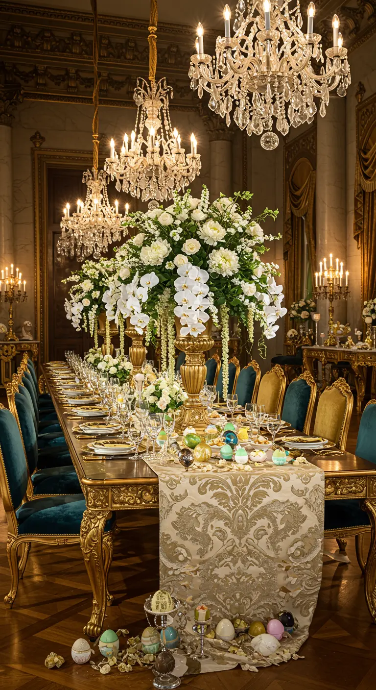 Chemin de table baroque doré et crème, grand centre de table floral, œufs de Pâques au sol.