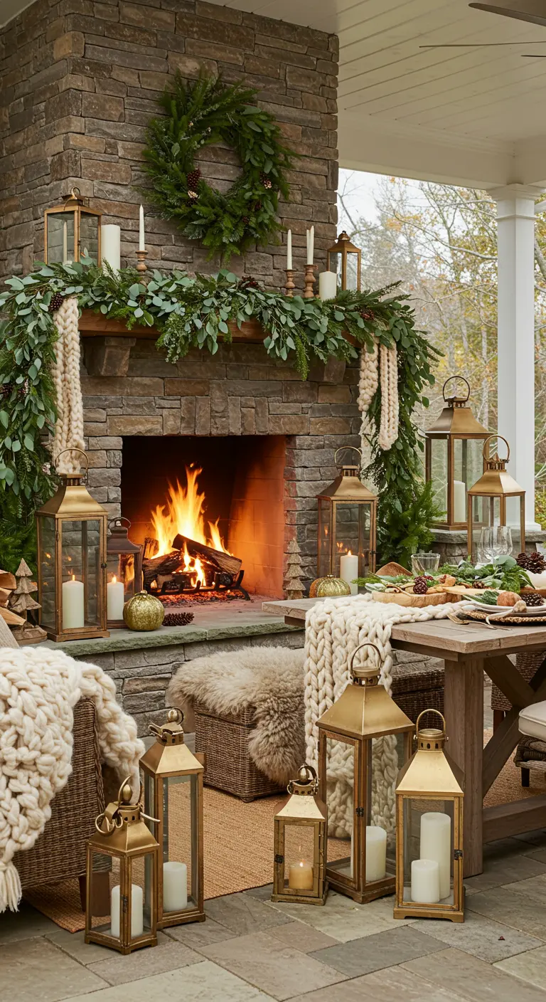 Terrasse avec une grande cheminée en pierre, guirlandes de verdure et nombreuses lanternes.