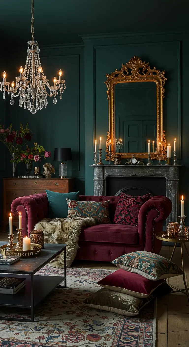 Salon opulent vert foncé avec canapé chesterfield en velours bordeaux et miroir doré.
