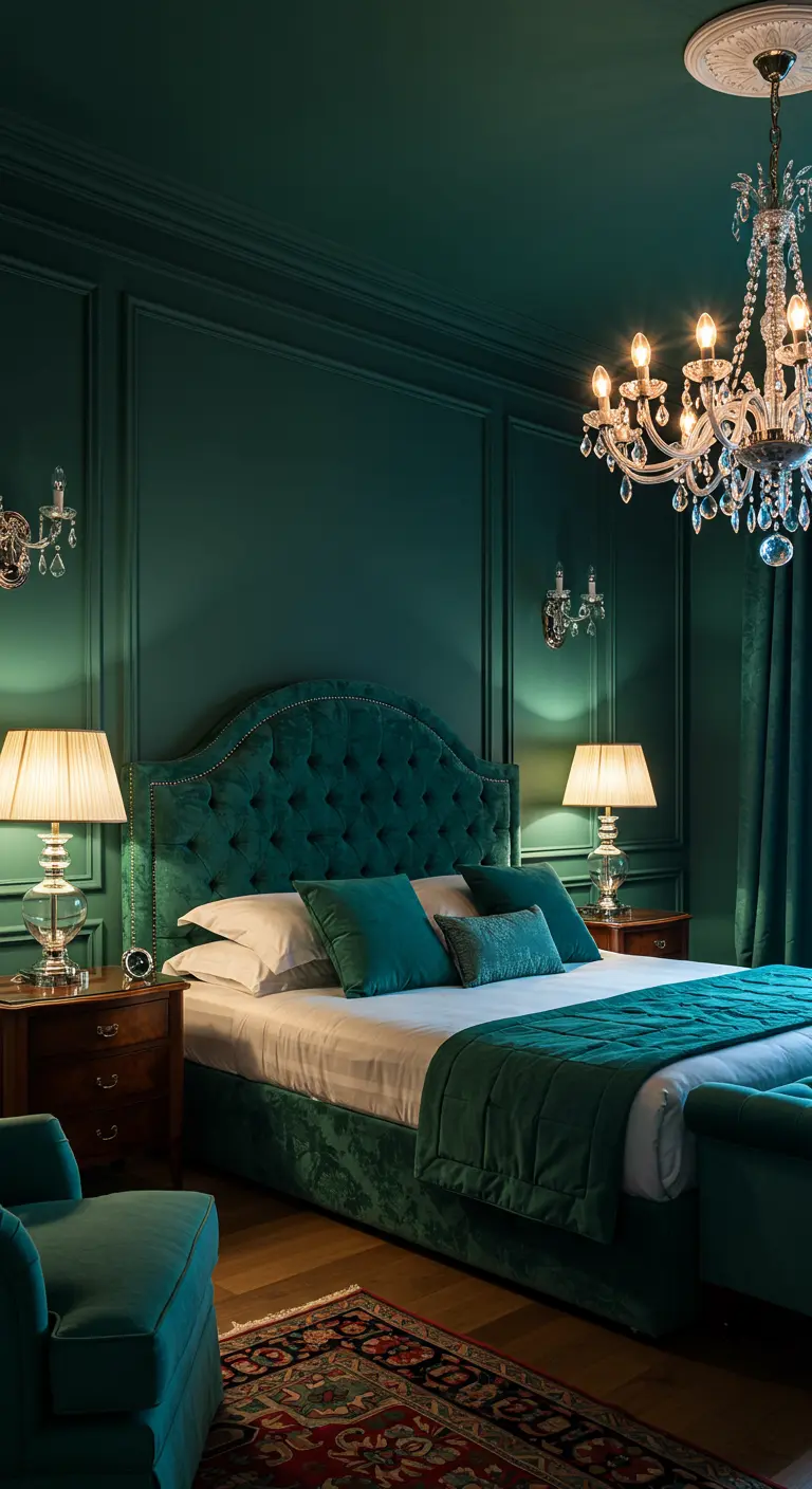 Chambre luxueuse vert émeraude avec lit capitonné, lustre en cristal, lampes de chevet et fauteuil assorti.