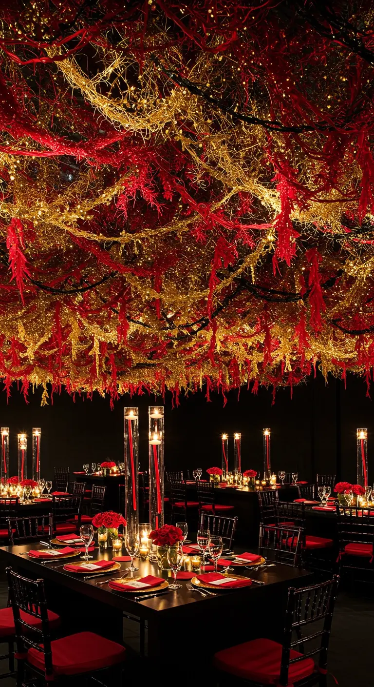 Plafond décoré d'un enchevêtrement de guirlandes rouges et dorées scintillantes.