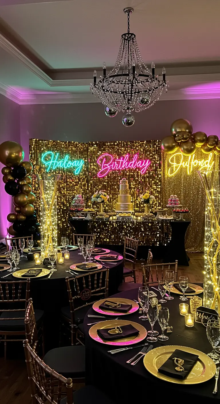 Salle de fête élégante avec fond pailleté doré, lumières néon, tables noires et dorées.