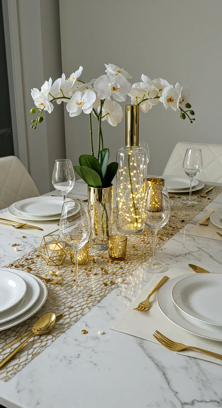 Table de dîner épurée avec chemin de table doré, orchidées blanches et accents lumineux.