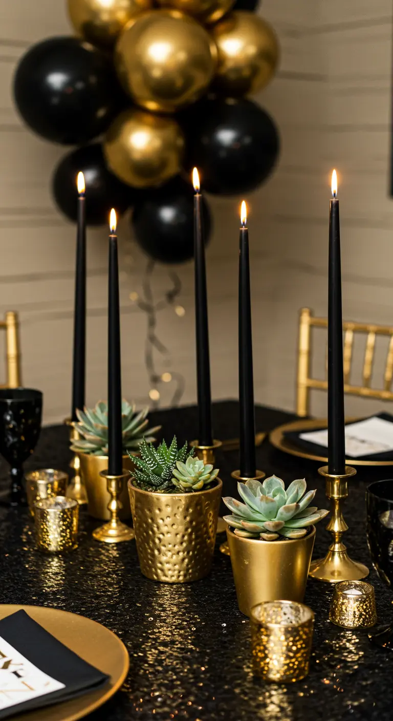 Décor de table noir et or avec des succulentes dans des pots dorés et des bougies noires.