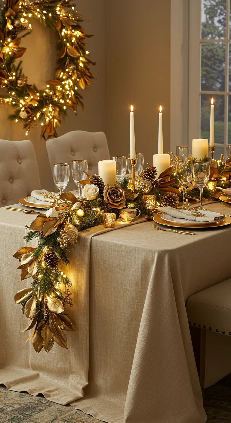 Table de fête avec une nappe beige et une guirlande de sapin décorée de feuilles et de lumières dorées.