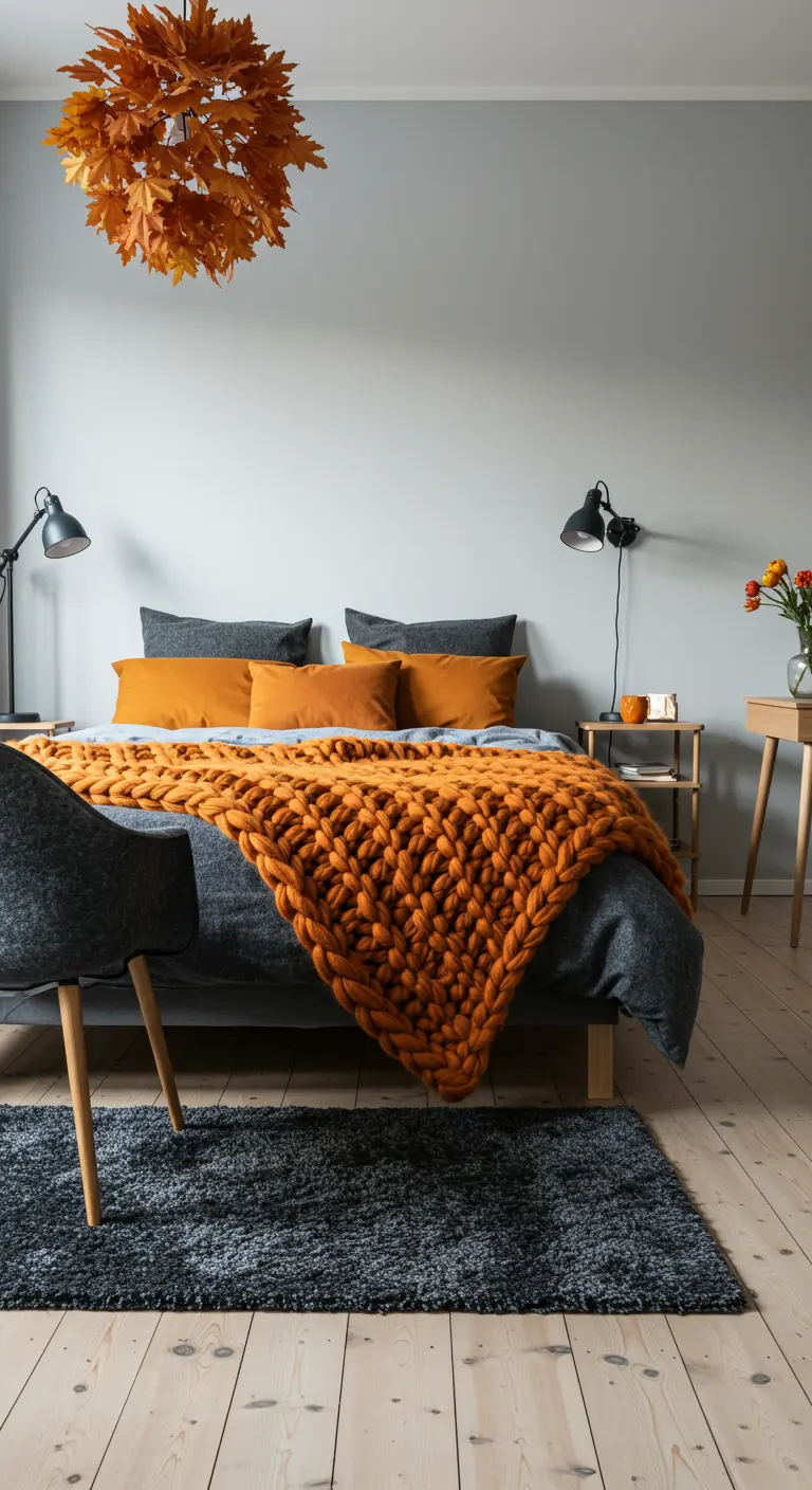 Chambre avec linge de lit gris foncé, un plaid en grosse maille orange et un lustre automnal.