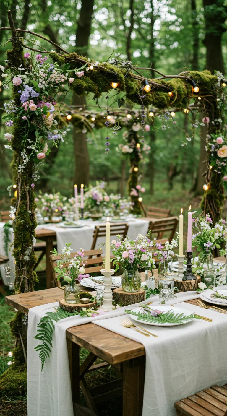 Grande table de réception dans une orangerie, décorée de citrons, tulipes jaunes et blanches.