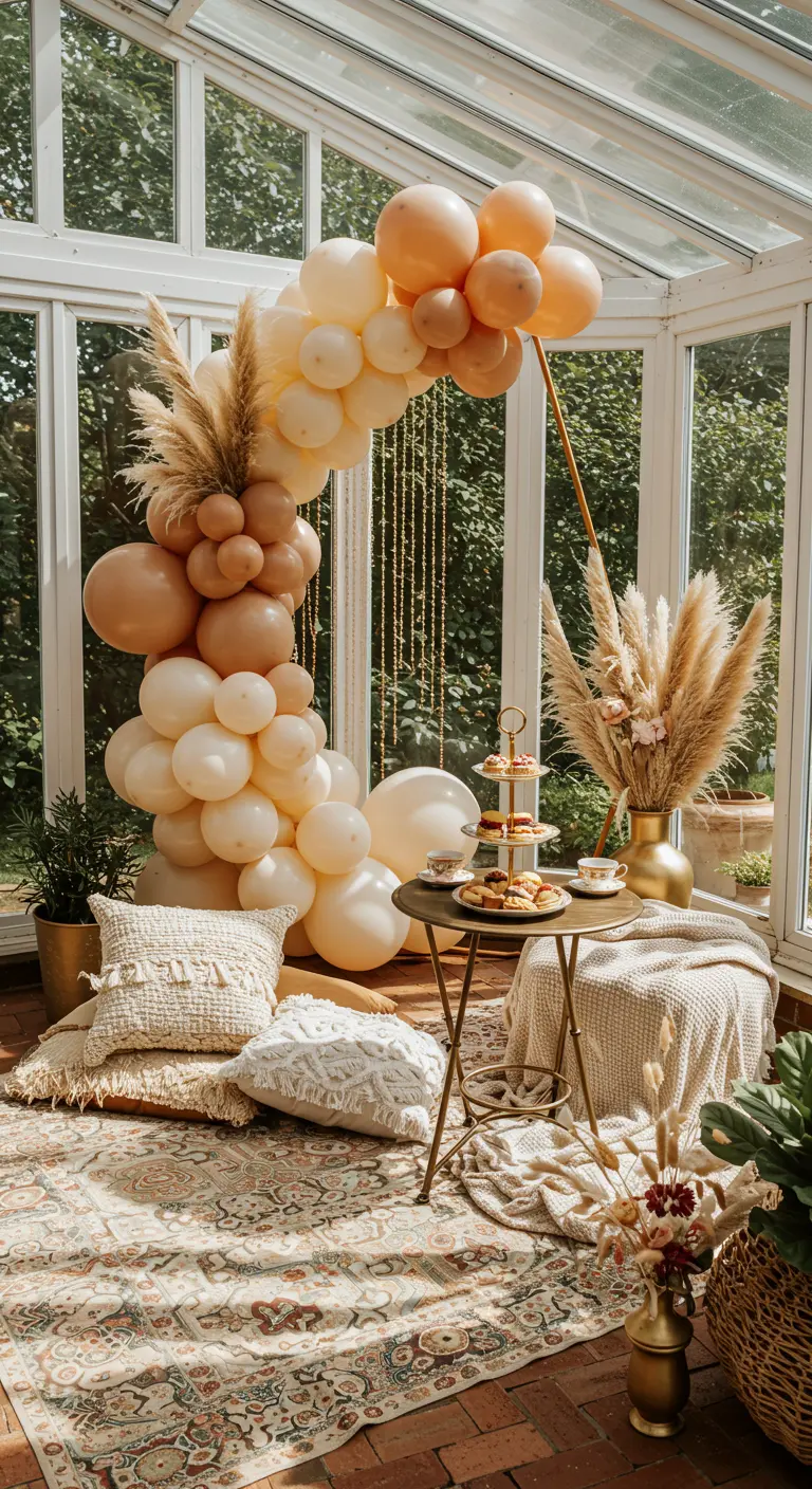 Arche de ballons beiges et crèmes dans une orangerie lumineuse avec des pampas.