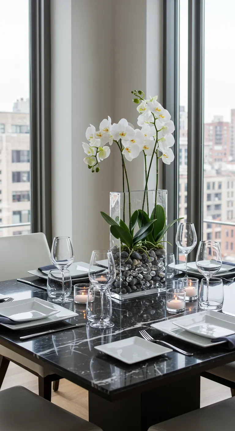Table élégante avec une orchidée blanche dans un vase carré rempli de galets.