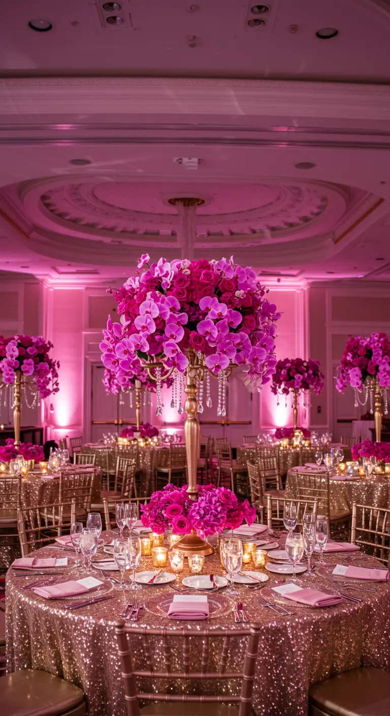 Salle de bal rose avec des centres de table hauts d'orchidées et des nappes à paillettes.